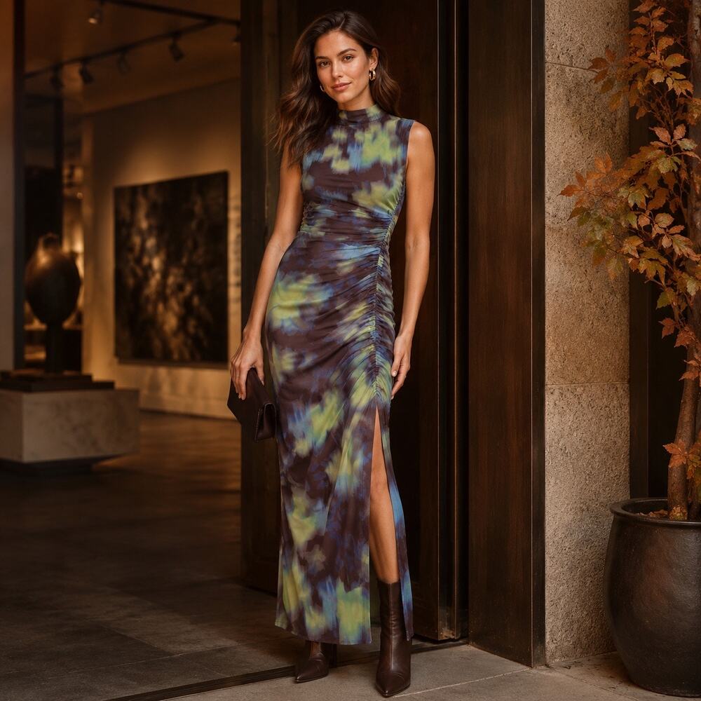 Whimsygoth Abstract Mesh Maxi Dress By Anthropologie Ruched Mock Neck XS New